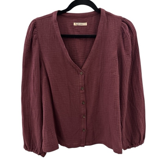 Marine Layer Colette 100% Cotton Gauzy Button Front V-Neck Puff Sleeve Blouse L - Picture 2 of 12